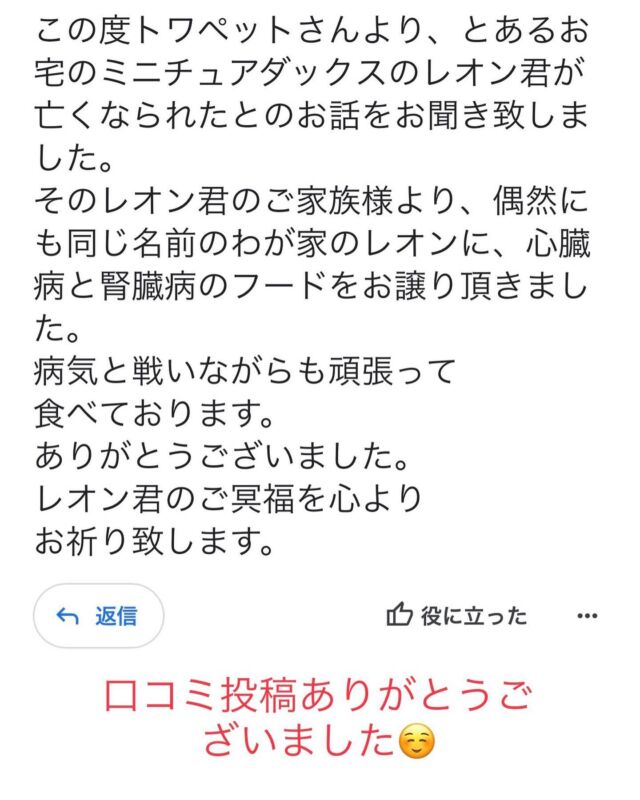当店でお見送りのお手伝いをさせて頂いたレオン君から当店の前を散歩しているレオン君へ
療養食を困っている子へあげたいと
申し出をして頂き
偶然にも同じレオン君へお渡しする事が出来ました。
コメント付き口コミ投稿ありがとうございました。